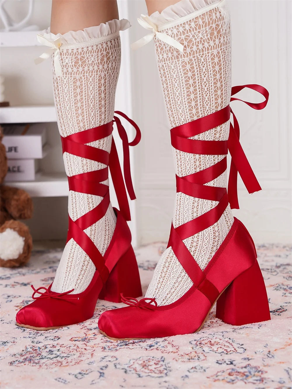 2026 Big Size 43 Cute Red Lolita Ankle Wrap Pumps Sweet 9cm Square High Heels Gothic Cosplay Ballet Style Mary Janes Shoes Women