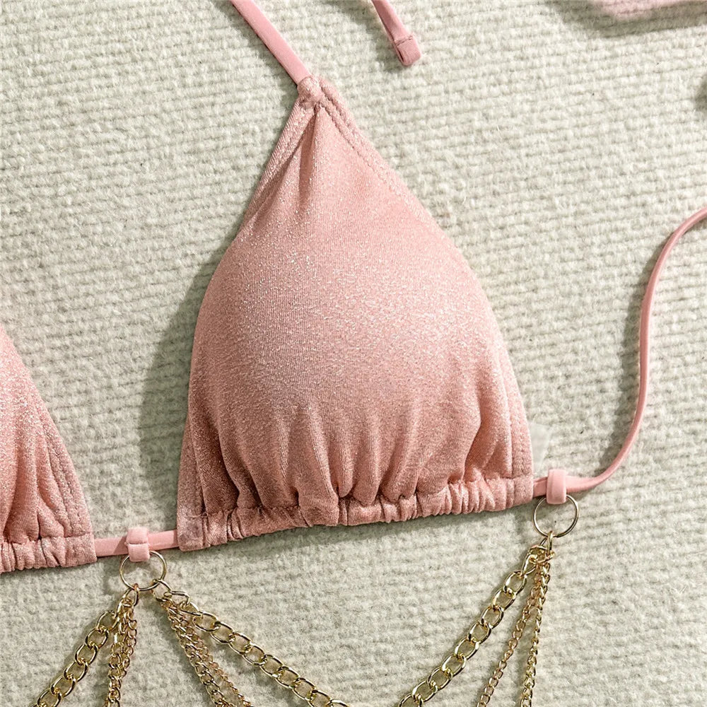 Shiny Pink String Halter Triangle 3 Piece High Waisted Bikini Set Swimwear Skirt Cover Up Rhinestone Chaining Swimsuit Beachwear