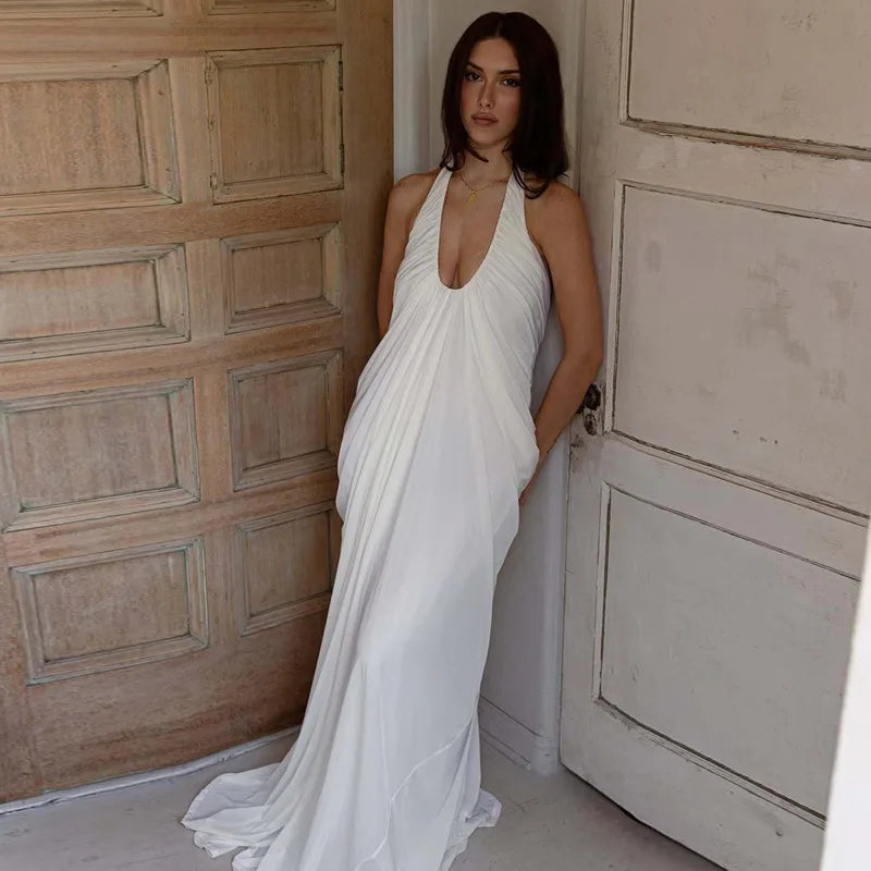 FDYOUI 2026 Summer Backless Ruched White Long Maxi Dress for Woman Elegant Sexy Halter Sleeveless Loose Evening Party Dresses
