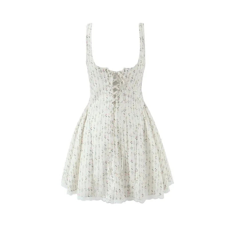 Vietnamese Sweet Lace Trimmed Camisole Dress For Women With Cross-back Cutout Waist-cinching Floral Print Puffy Short Skirt 24AK