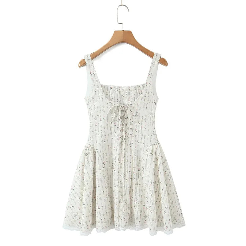 Vietnamese Sweet Lace Trimmed Camisole Dress For Women With Cross-back Cutout Waist-cinching Floral Print Puffy Short Skirt 24AK