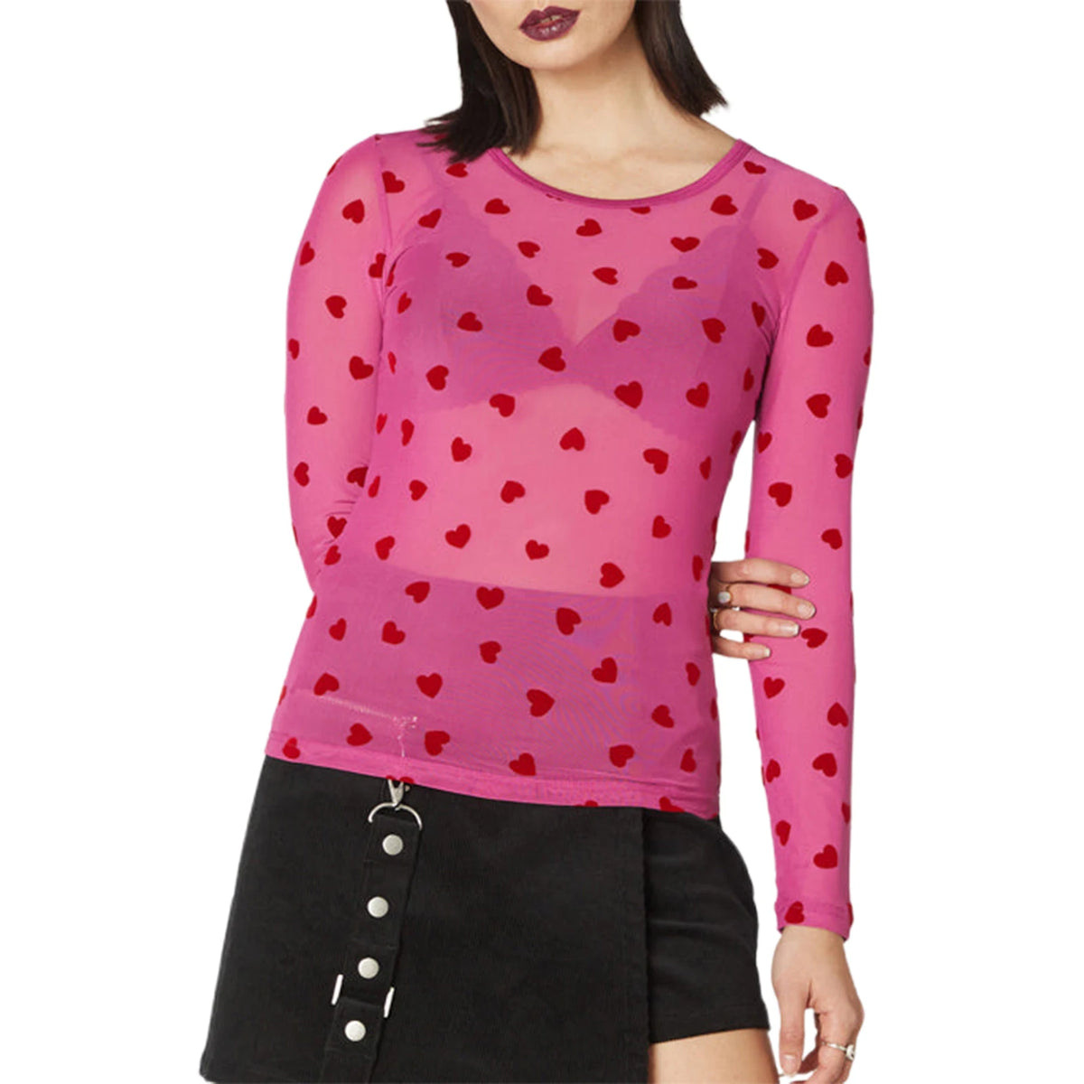 Women's Mesh Tops Long Sleeve Round Neck Heart Print Trendy T-Shirts Summer Spring Sexy Beach Club Shirts Cover-ups