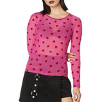 Women's Mesh Tops Long Sleeve Round Neck Heart Print Trendy T-Shirts Summer Spring Sexy Beach Club Shirts Cover-ups