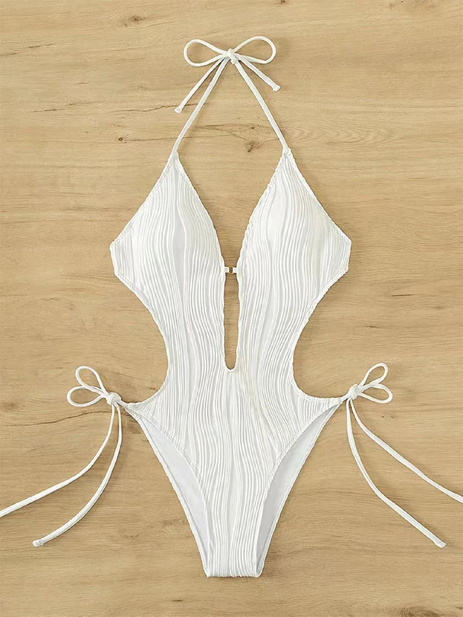 Monokini 2026 Drawstring Swimsuit One Piece Sexy Solid Hollow Swimwear Women Bathing Swimming Swim Suit Padded Beachwear Summer