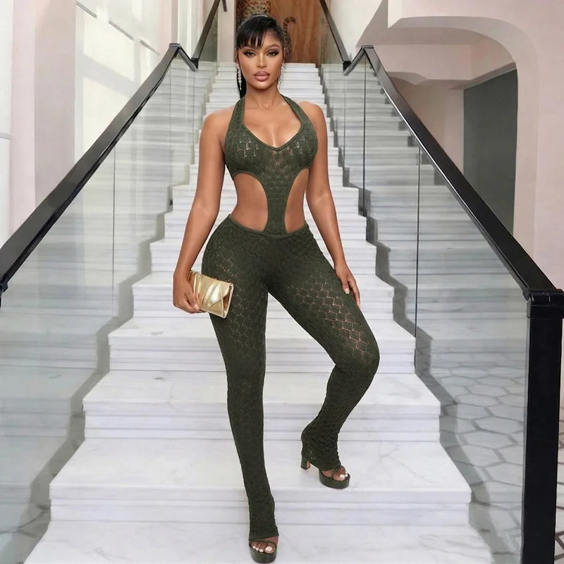 Sexy hot girl solid color see-through slim fit knitted deep V jumpsuit