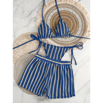 New Retro 3 Pieces Knitted Mesh String Bikini Set Swimsuit Women Blue Striped Swimwear with Shorts Beach Wear Boho Bathing Suit