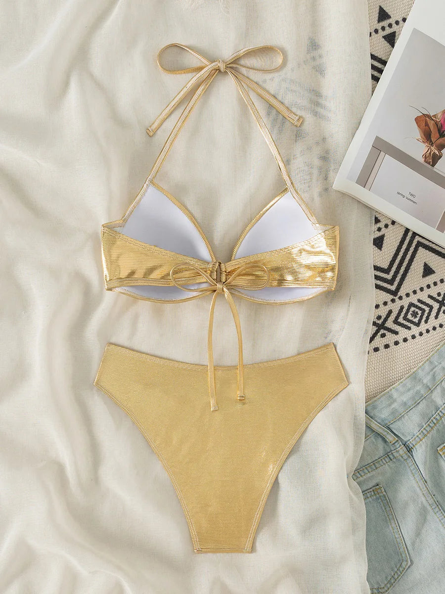 2026 PU Faux Leather Bra Cup Bikini Women Swimsuit Female Swimwear Two Pieces Bikini Set Push Up Bathing Suit Swim Beach Wear