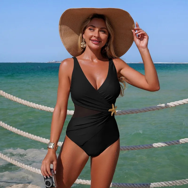 Brown One Piece Swimsuit Female 2025 Patchwork Swimwear Women Lace Up Bathing Suits Starfish Summer Beach Wear Sports Monokini