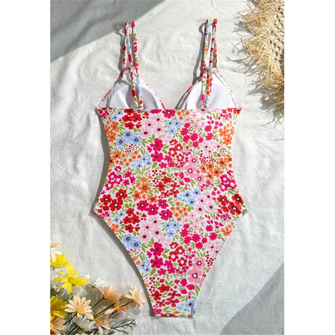 S - XL Floral Flower Printed V Neck One Piece Swimsuit Women Swimwear Female High Cut Leg Padded Bather Bathing Suit Swim V8150