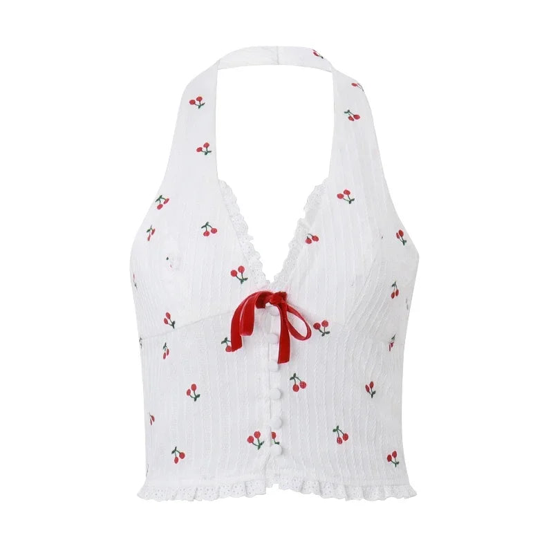 WhereMery Korean Fashion Print Halter Camis Tank Tops Summer Knitted Slim Fit Tank Top High Street Commuter Casual Women's Wear