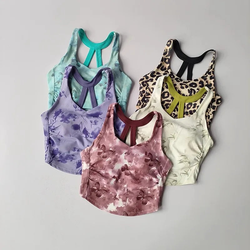 Women's Elegant Printed Yoga Sports Vest Shock Resistant Fitness Outerwear Beautiful Back Cross Shaped Design