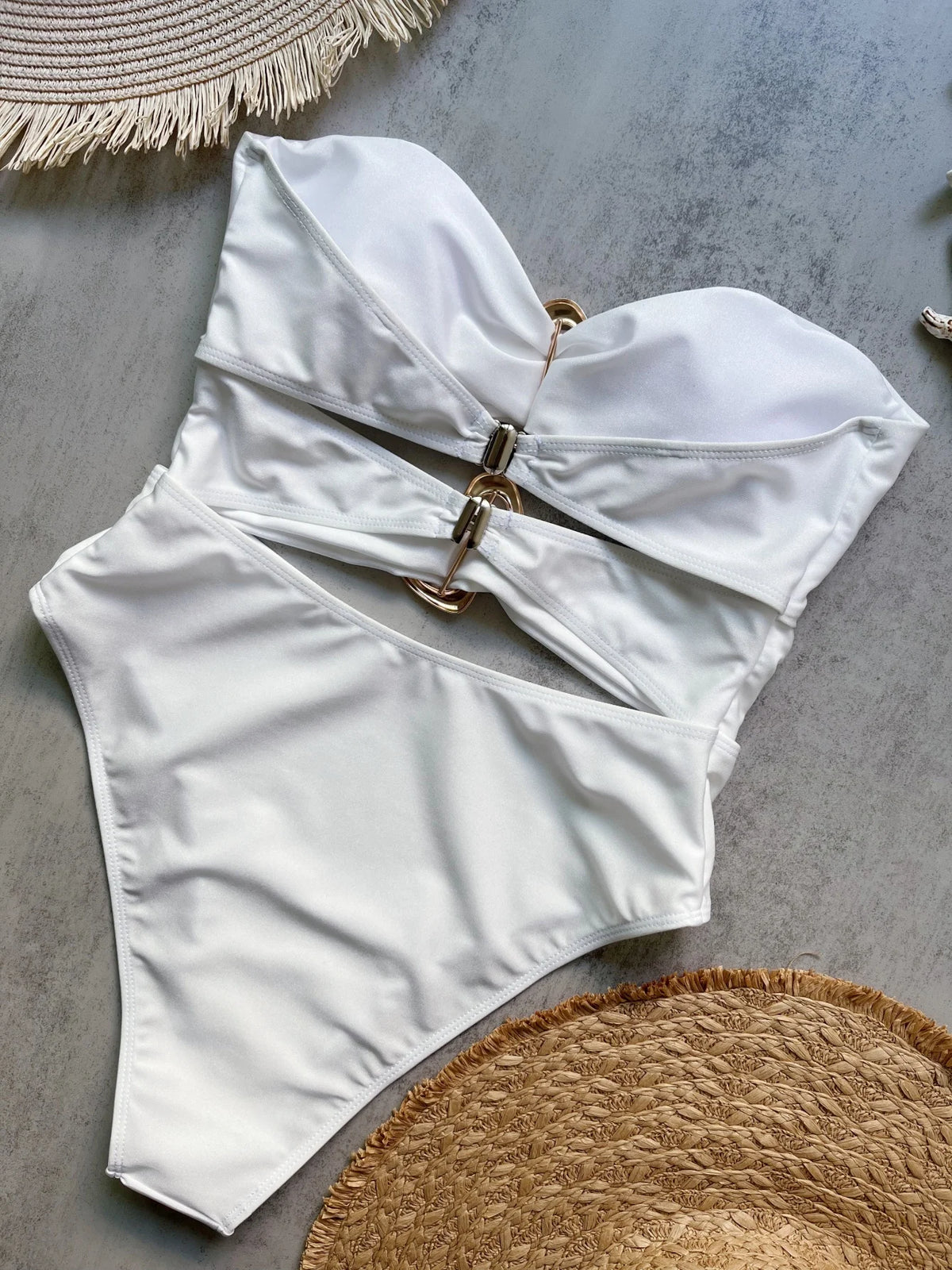 6 Colors Sexy Metal Rings Cut Out Women Swimwear One Piece Swimsuit Female Bandeau High Leg Cut Bather Bathing Suit Swim B027D