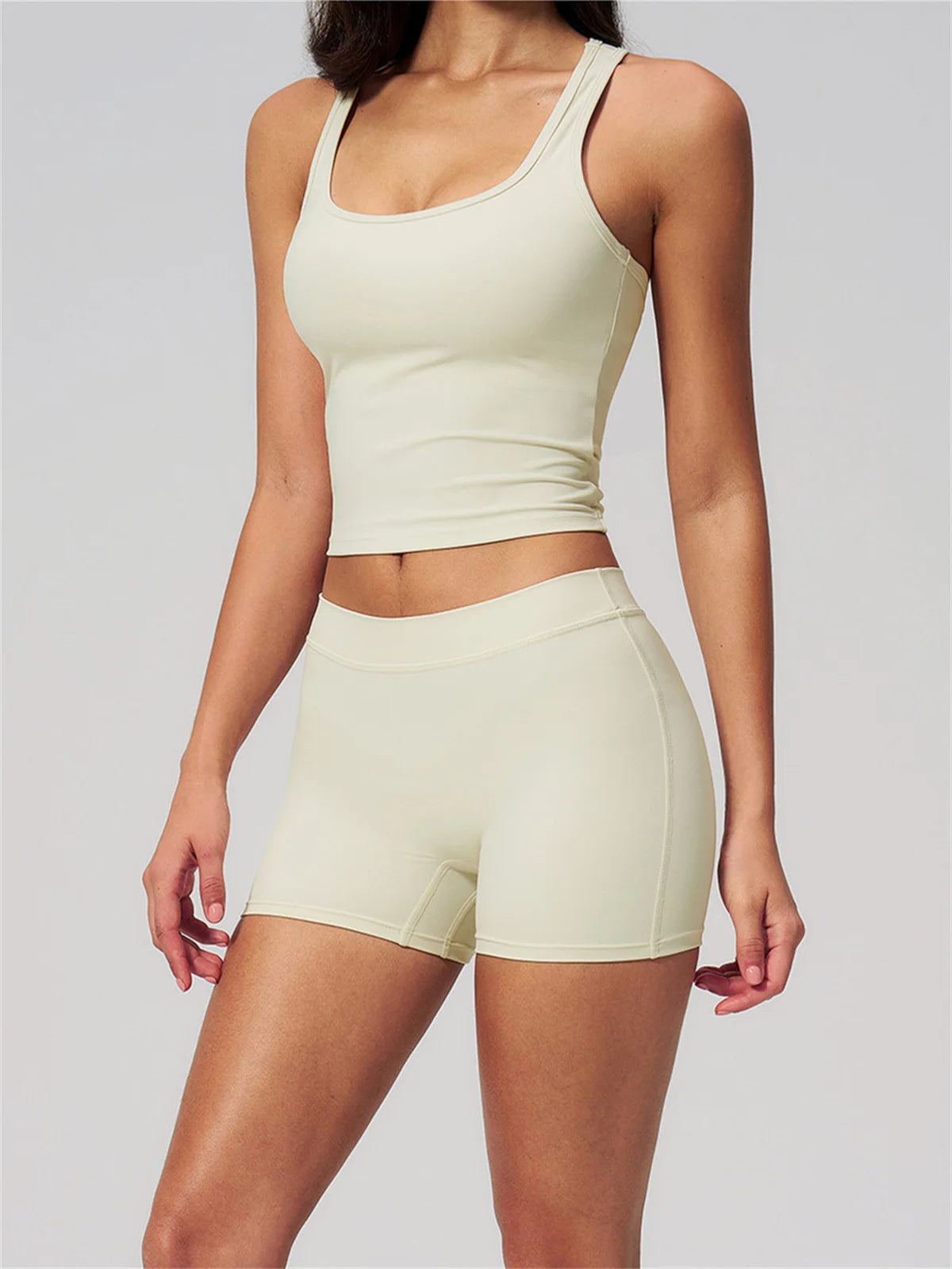 Gym Women Yoga Sets Women Brushed Square Neck Slim Sports Tank Top Fitness Suit Outwear Running High Waist Shorts Tracksuit