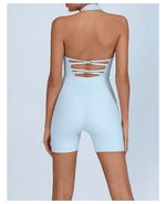 Summer Yoga Jumpsuit Back Hollow Out Bandage Pleate Pocket Shorts Sports One Piece Suits Butt Lifting Fitness Workout Bodysuit