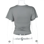 FDYOUI Women's V-neck Ruched Corset T-shirt Casual Sexy Short Sleeve Solid Crop Tops Tees 2026 Summer Female Tunics Slim T-shirt