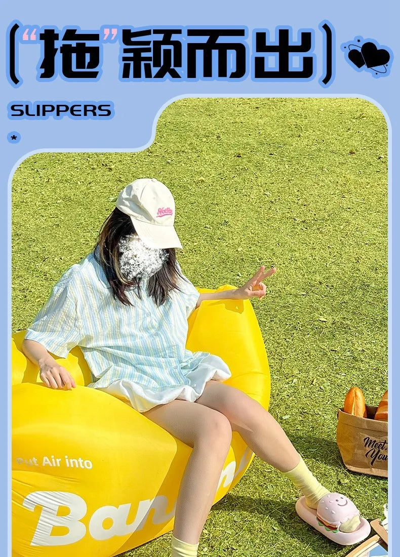 CartoonCutesy3D Sesame Burger Slippers for Women, Summer Outdoor & Home Wear, Anti-Slip Thick Soles, Flat Back Slides,Flip Flops