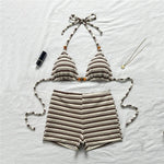 Sexy Striped Print Triangle Bikini with Shorts Halter Bead String Swimsuit Woman 2026 Swimwear Brazilian Bikinis Sets Femmes