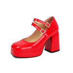 Women Silver Metallic Platform Mary Jane Shoes Double Rhinestone Buckle Chunky Block High Heels Y2K Vintage Square Toe Pumps