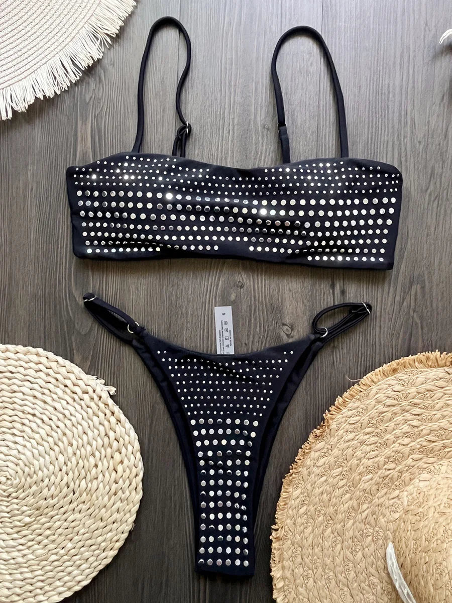 2026 Shiny Sequins Bandeau Bikini Women Swimwear Female Swimsuit Two-pieces Bikini Set Bather Bathing Suit Swim Lady Beachwear