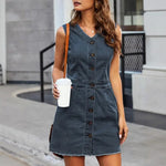 Women's Sleeveless Bodycon Denim Dress Casual V-Neck Button Down Mini Jean Dress Summer Overalls Dress with Pockets