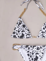 Sexy Cow Print Halter Metal Chains Brazilian Bikini Women Swimsuit Female Swimwear Two Pieces Bikini Set Bathing Suit Swim Lady
