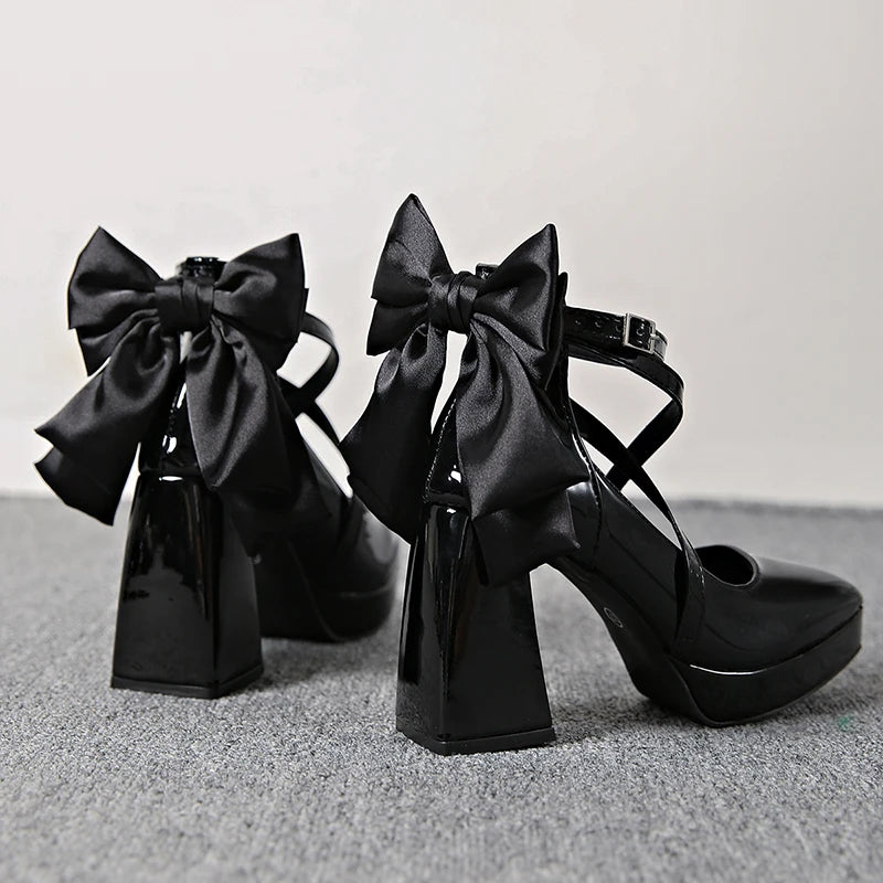 Punk Pointed Toe Thick Heels Mary Jane Shoes Women Bowknot Decor Cross Strap Platform Pumps Woman Patent Leather Party Shoes