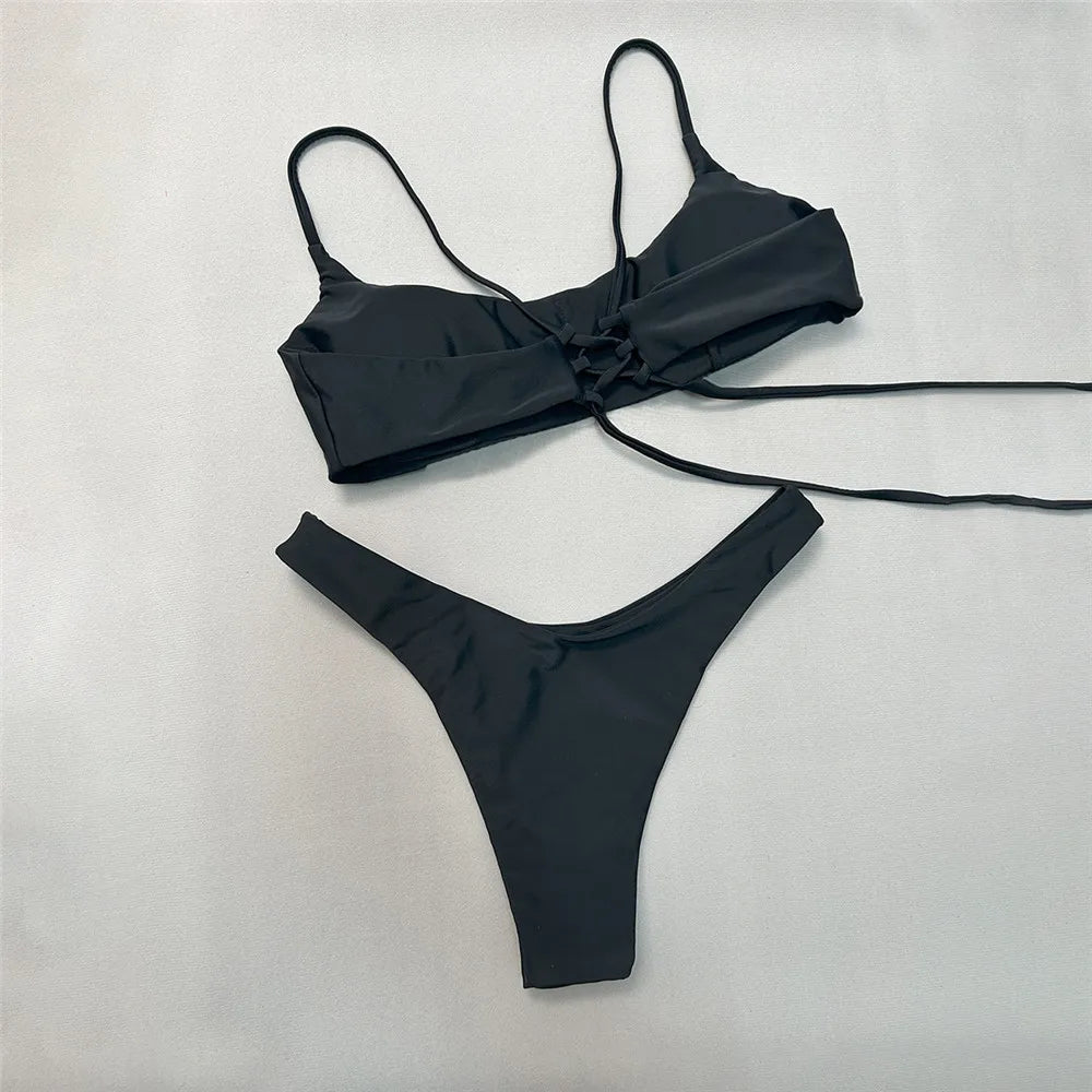 Brown Bandeau Micro Bikini Set Back String Lace-up Sexy Swimsuit Solid Swimwears Woman 2026 High Cut Bathing Suit Bikinis Femmes
