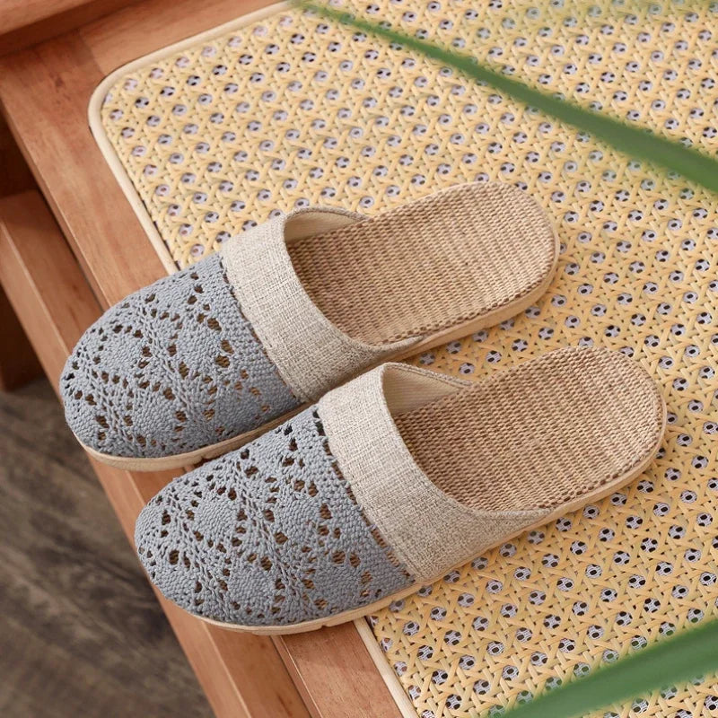 Women Indoor Linen Slippers 2025 Spring Summer Shoes Anti-slip Light Weight Breathable Lace Couples Home Floor Slides