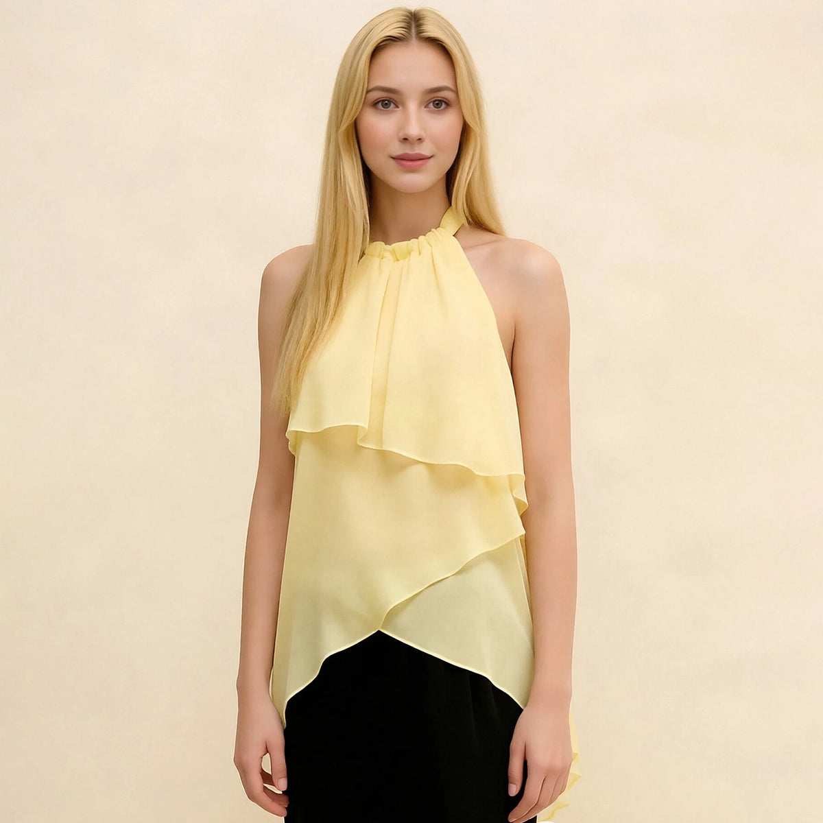 Women Summer Trendy Asymmetrical Layered Backless Shirts Solid Color Chiffon Halter Tops for Streetwear