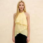 Women Summer Trendy Asymmetrical Layered Backless Shirts Solid Color Chiffon Halter Tops for Streetwear