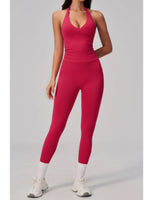 Summer Seamless Yoga Sets Women V Neck Slim Sports Tank Top Fitness Suit Peach Hip High Elasticity Leggings Running Tracksuit