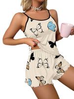 Butterfly Print Pajama Set Lettuce Trim Cami TopElastic Waistband Shorts WomenSleepwear Loungewear