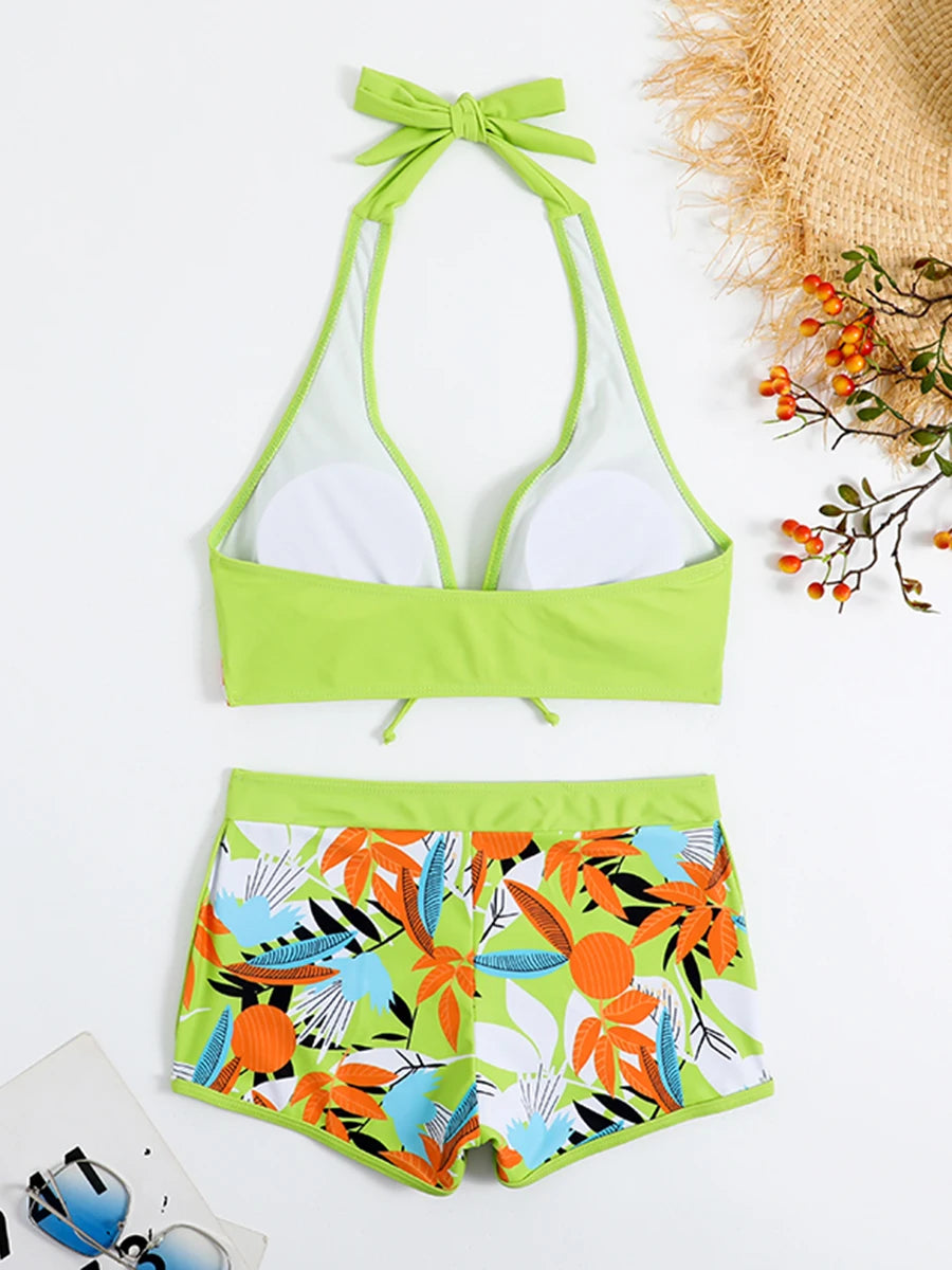 2026 Halter Bikini Set Short Swimsuit Women High Waist Swimwear Female Printed Bathers Swimming Bathing Swim Suit Beachwear