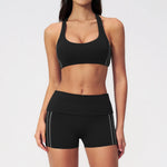 Tight Color Contrast Yoga Suit 2 Pieces Women V Neck Sports Bra Pleate High Waist Shorts Gym Running Fitness Suits Tracksuit