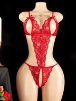 Women’s Floral Lace Bodysuit Lingerie, Red Sheer Mesh Teddy with Bowknot Straps, Front Cutout Thong Sleepwear for Anniversary