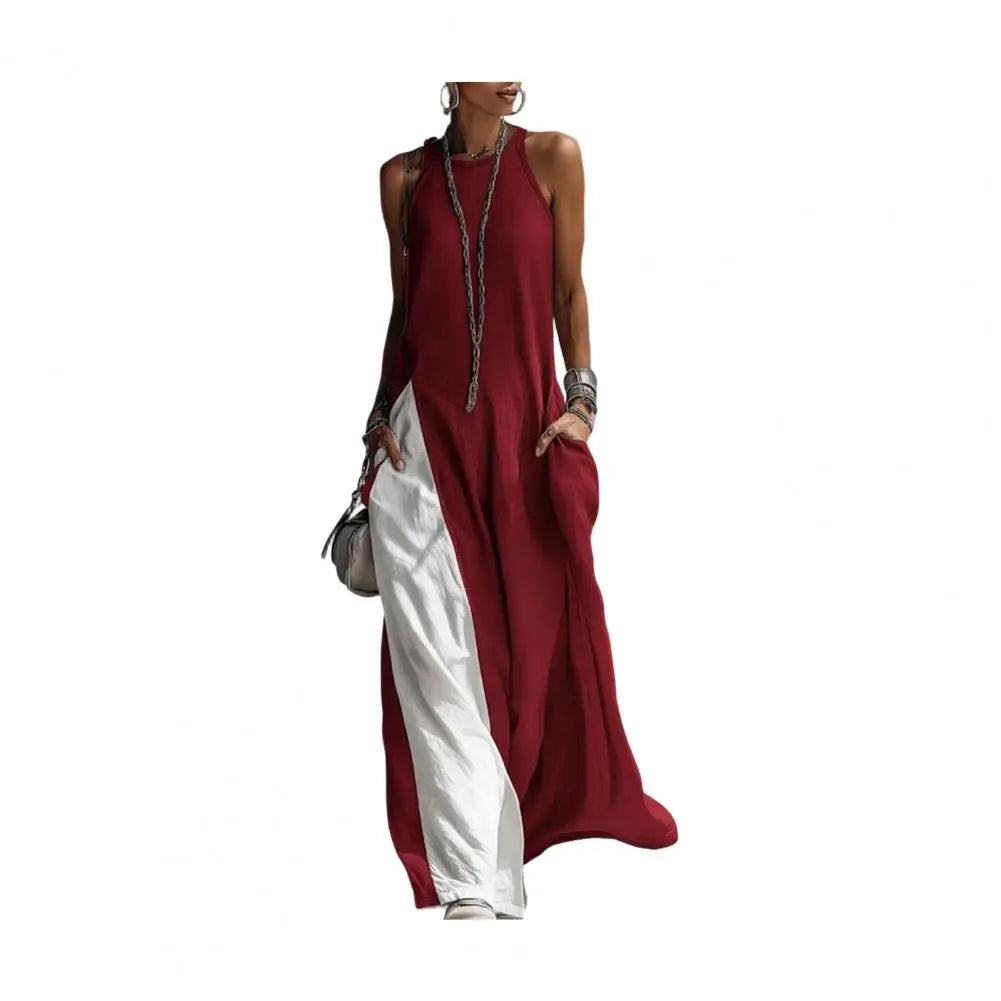 Summer Casual Beach Sundress with Pockets Women's Flowy Long Tank Top Side Split Crew Neck Sleeveless Maxi Dress