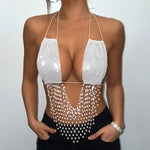 Sexy Women Rhinestone Halter Tops Tie-up Bling Body Chain Bra Going Out Lingerie Camisoles for Party Clubwear