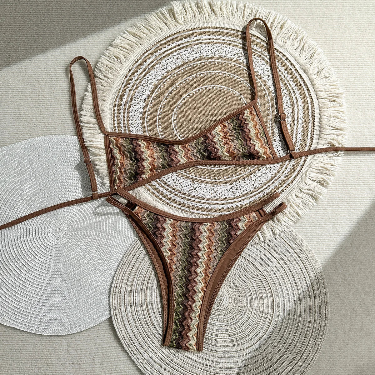 Crochet Striped High Leg Cut Brazilian Bikini Female Swimsuit Women Swimwear Two-pieces Bikini Set Bather Bathing Suit Swim Lady