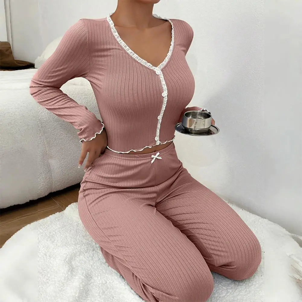 Womens Lace Trim Ribbed Knit Pajamas Set Long Sleeve Crop Top Wide Leg Pants Lounge Set 2 Piece Sleepwear