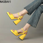 NASBAVI Women Patent Leather Sandals Super Chunky High Heeled Ankle Buckle Shoes Platform Summer Thick Heel Sandal Ladies 35-43