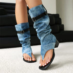 2025 Brand Plus Size 48 Trendy Denim Blue Gladiator Sandals Women Chic Black Chunky HeelsFashion Comfy Walk Summer Boot Shoes
