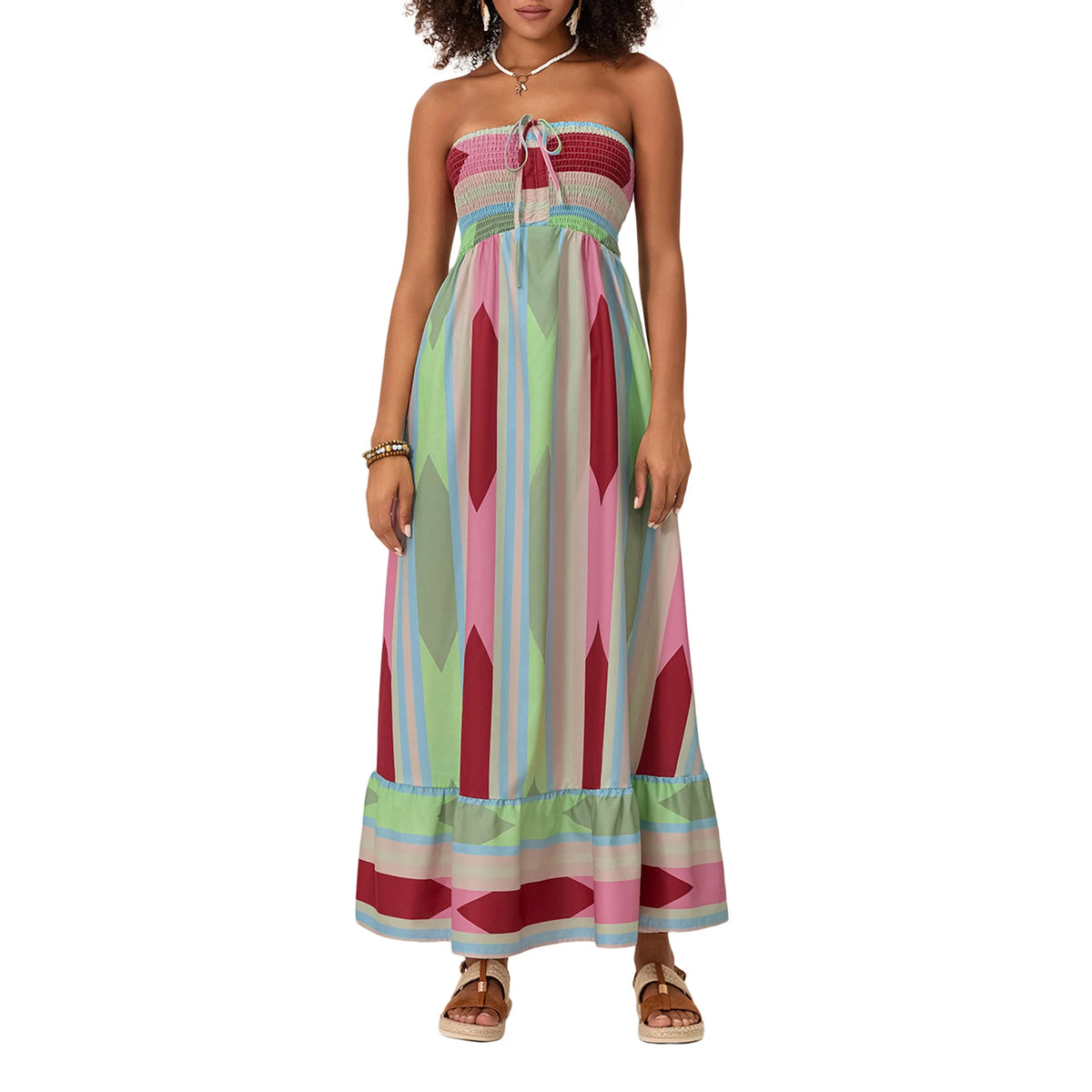 Women's Sleeveless Strapless Long Dress Bohemian Sleeveless Drawstring Loose Tube Dress Summer Holiday Beach Dress