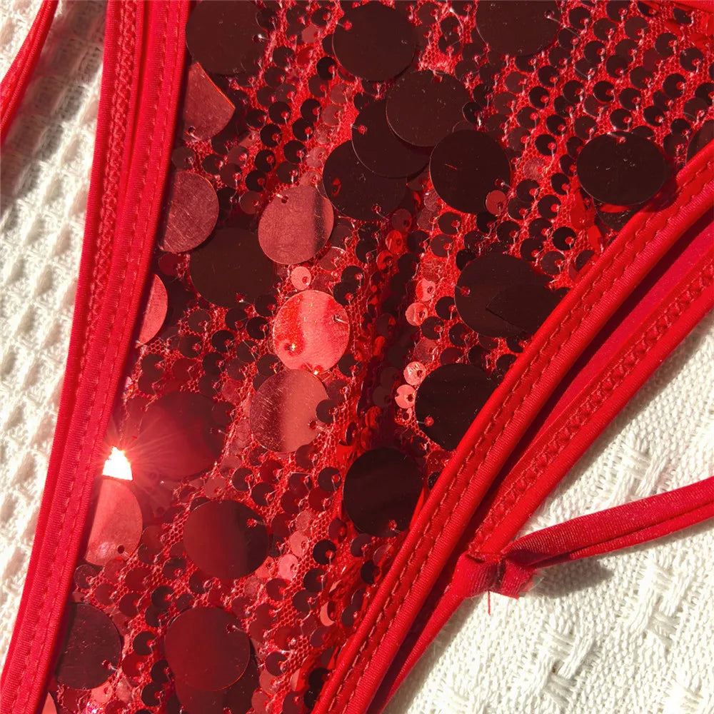 Red Sequin Shiny Bandeau Bikini String Micro Thong Sexy Swimsuit Women 2026 Metal Ring Swimwear Bikinis Sets Swimming Suit Wear
