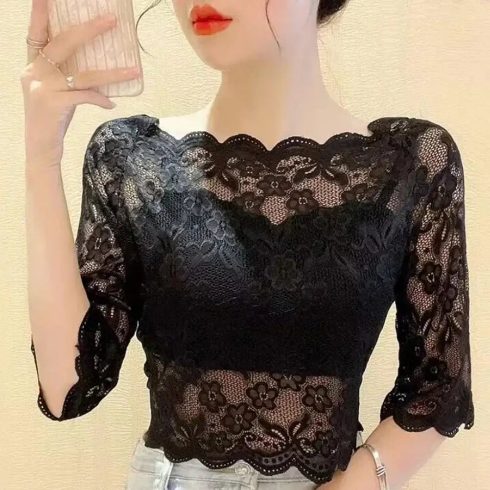 Women Summer Cropped Tops See-through Embroidery Lace Top One-word Collar Half Sleeve Blouse Pullover Tops