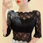 Women Summer Cropped Tops See-through Embroidery Lace Top One-word Collar Half Sleeve Blouse Pullover Tops