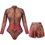 Slimming Mesh Swimsuit One Piece with Long Sleeves Sexy Bathing Suit Featuring Skirt & Long Pants Bodysuit for Smart Beach Wear