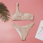 Fashion Single Shoulder Women Bikinis Set Female Shinning High Waist Swimsuit Swimwear Woman Solid Glitter Beach Bathing Suit