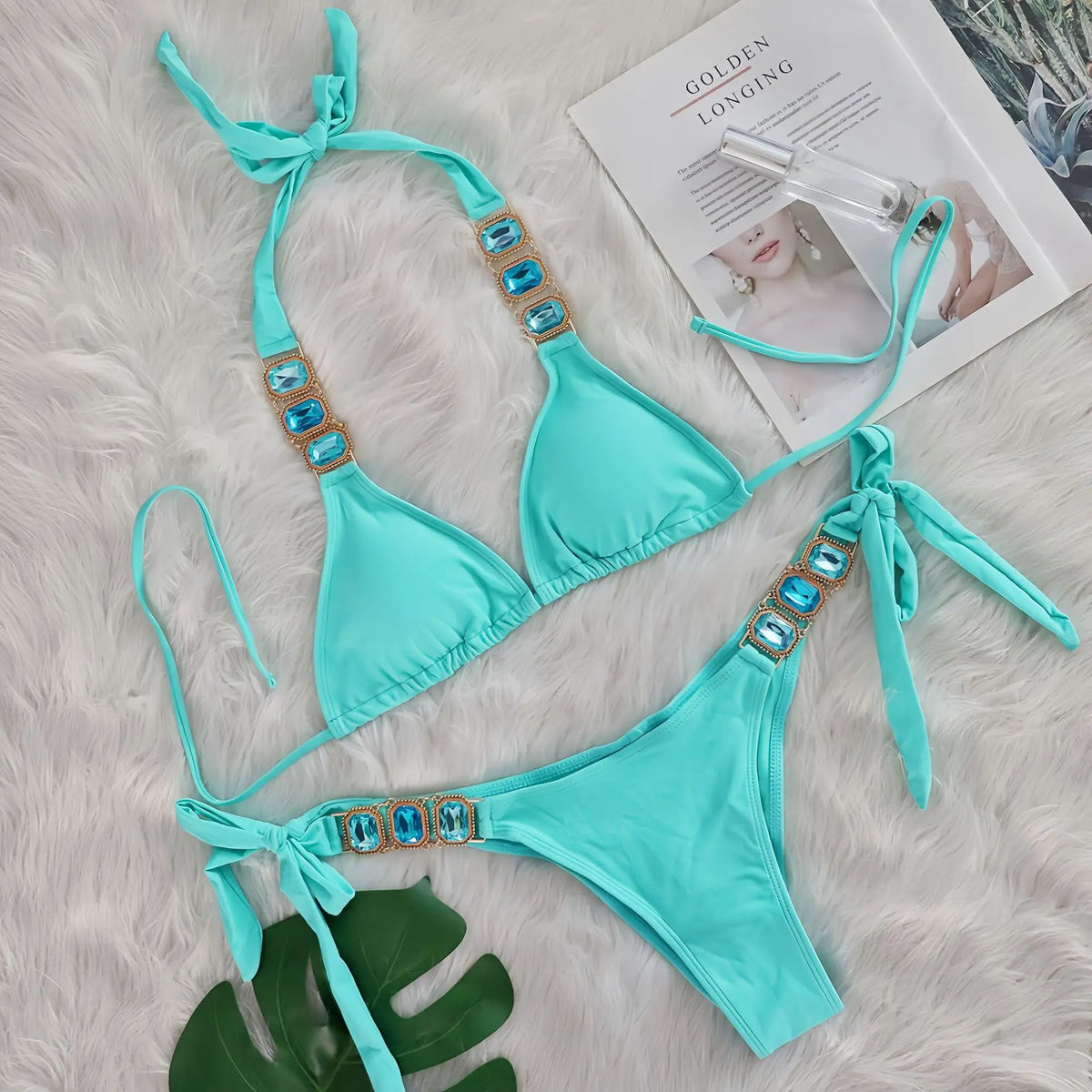 DEKA Women's Rhinestone String Green Bikini Set Sexy Female Beach Vacation 2 Piece Swimsuit
