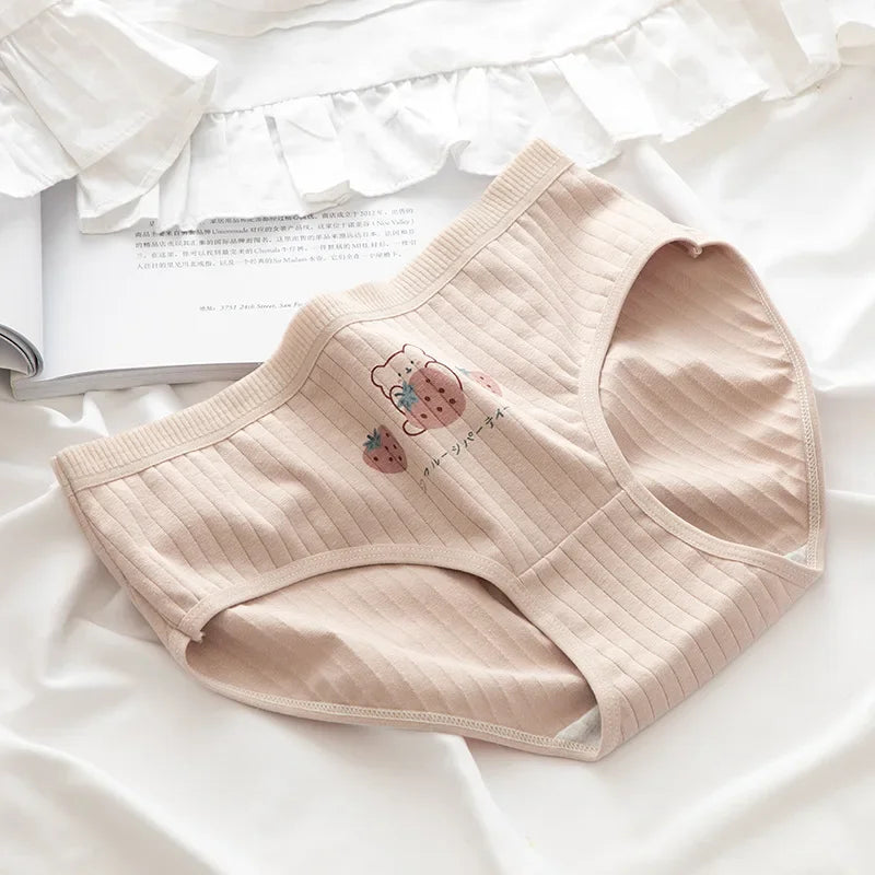 1 Pack Cute Bear & Strawberry Print Cotton Mid-Rise Panties Women's Comfort Underwear M-XL Grid & Striped Print Lingerie
