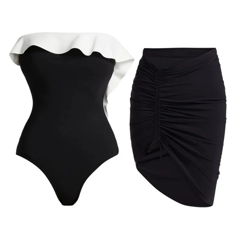 Women's Sexy One Piece Swimsuit Set with Cover up Push-Up Strapless Print Bathing Suit Summer Beachwear Beach Swimwear